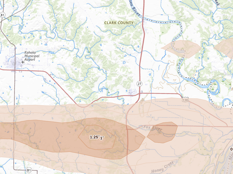 Radar-estimated hail-size map of the storm over Alexandria, MO on Jun 17, 2026
