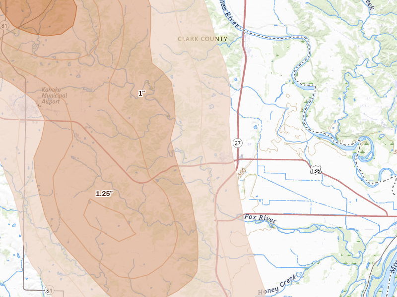 Radar-estimated hail-size map of the storm over Alexandria, MO on Aug 7, 2026