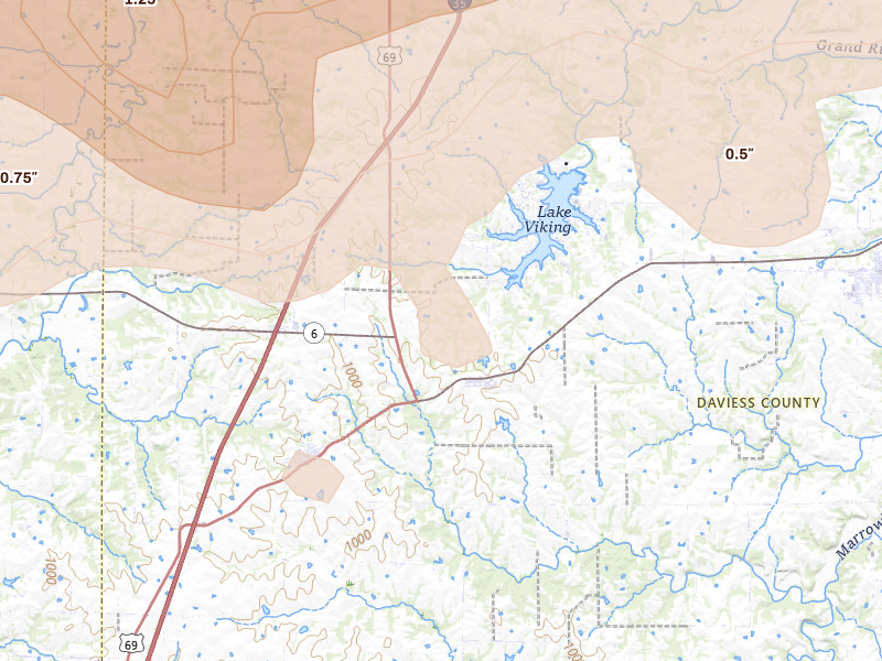 Radar-estimated hail-size map of the storm over Altamont, MO on Jun 10, 2026