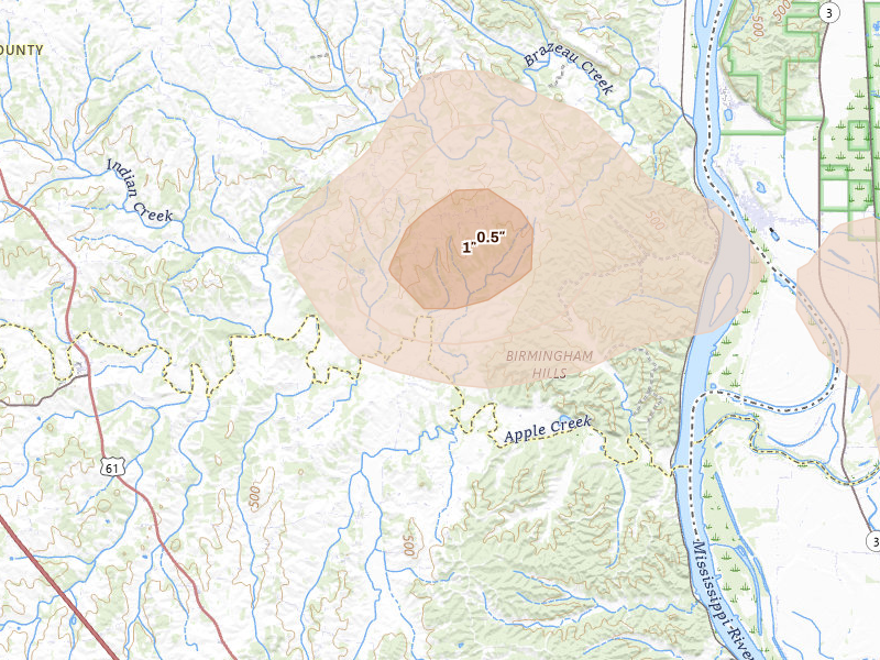 Radar-estimated hail-size map of the storm over Altenburg, MO on Aug 12, 2026