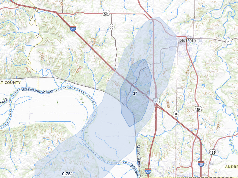 NEXRAD radar-signature map of the hail storm over Amazonia, MO on Mar 5, 2026