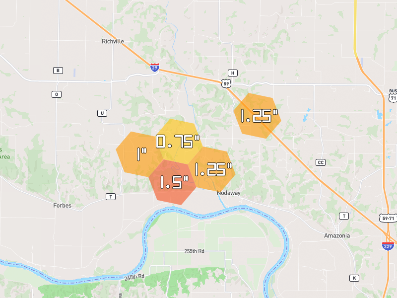 Hail map of Amazonia, MO on Jun 4, 2026, hail up to 1.5"