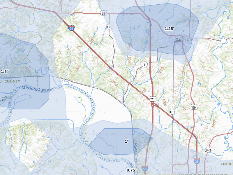 NEXRAD radar-signature map of the hail storm over Amazonia, MO on Jul 3, 2026