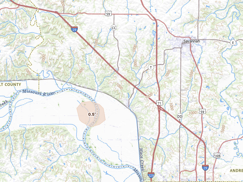 Radar-estimated hail-size map of the storm over Amazonia, MO on Aug 9, 2026