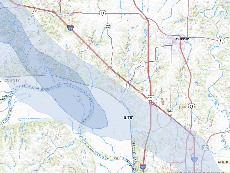 NEXRAD radar-signature map of the hail storm over Amazonia, MO on Aug 9, 2026