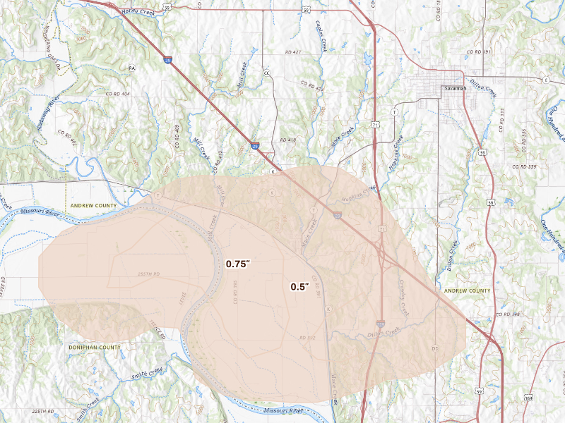 Radar-estimated hail-size map of the storm over Amazonia, MO