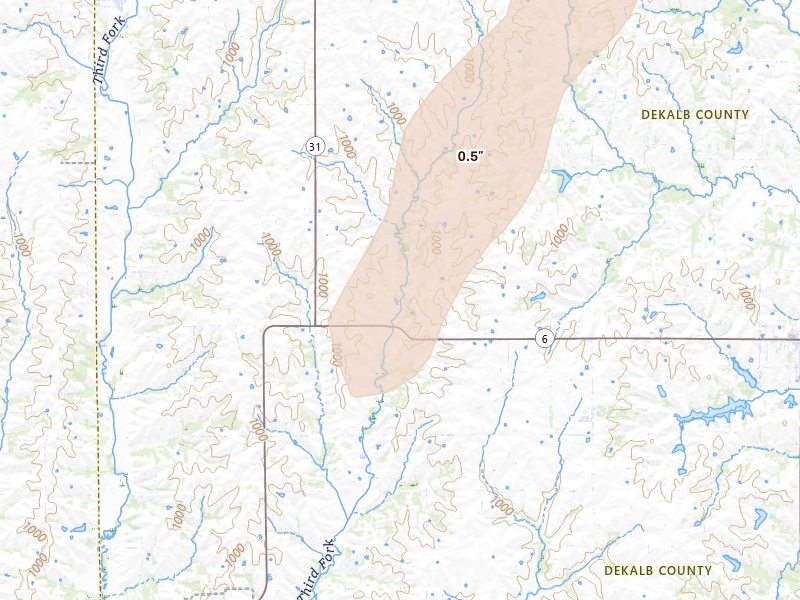 Radar-estimated hail-size map of the storm over Amity, MO on Mar 5, 2026