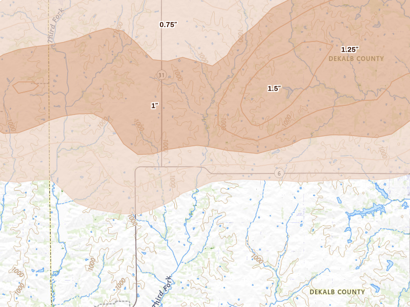 Radar-estimated hail-size map of the storm over Amity, MO on Jun 10, 2026