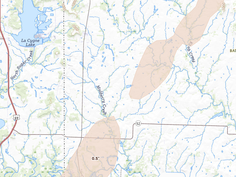 Radar-estimated hail-size map of the storm over Amoret, MO on Mar 6, 2026