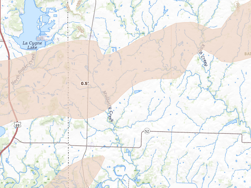 Radar-estimated hail-size map of the storm over Amoret, MO on Apr 27, 2026
