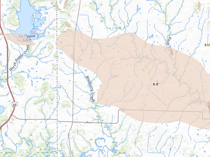 Radar-estimated hail-size map of the storm over Amoret, MO on May 8, 2026