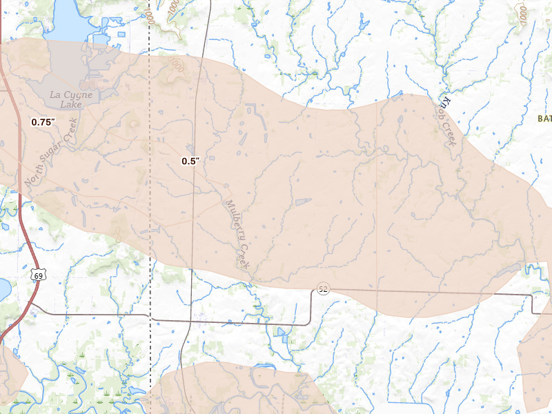 Radar-estimated hail-size map of the storm over Amoret, MO on Jun 17, 2026