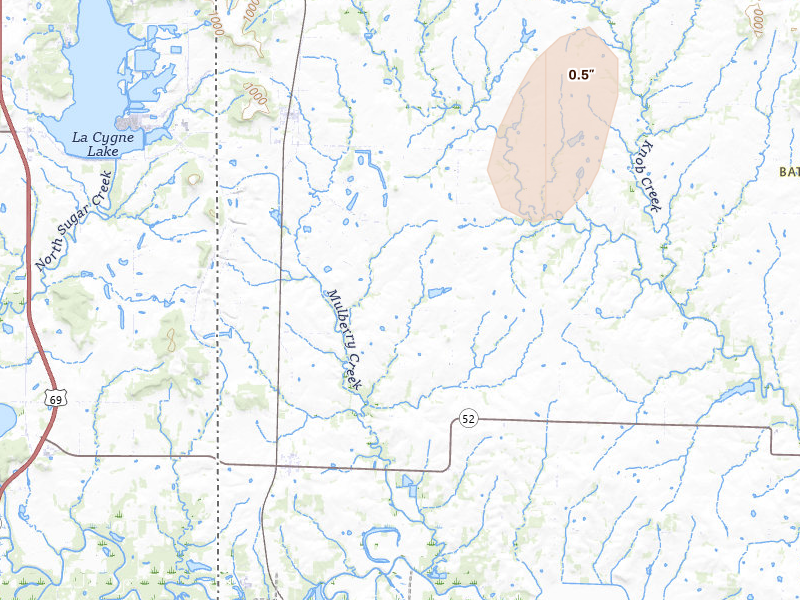 Radar-estimated hail-size map of the storm over Amoret, MO on Jul 4, 2026