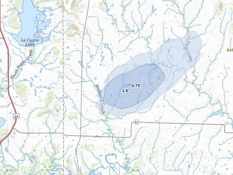 NEXRAD radar-signature map of the hail over Amoret, MO