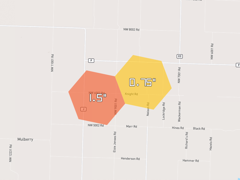 Hail map of Amoret, MO on Jul 4, 2026, hail up to 1.5"