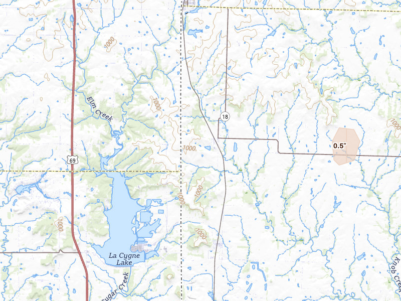 Radar-estimated hail-size map of the storm over Amsterdam, MO on May 30, 2026