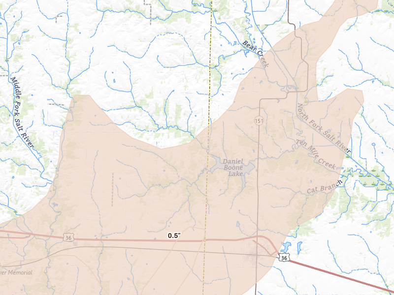 Radar-estimated hail-size map of the storm over Anabel, MO on Apr 27, 2026