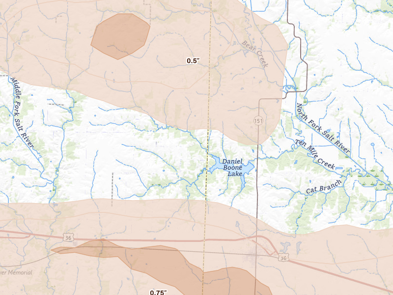 Radar-estimated hail-size map of the storm over Anabel, MO on May 4, 2026