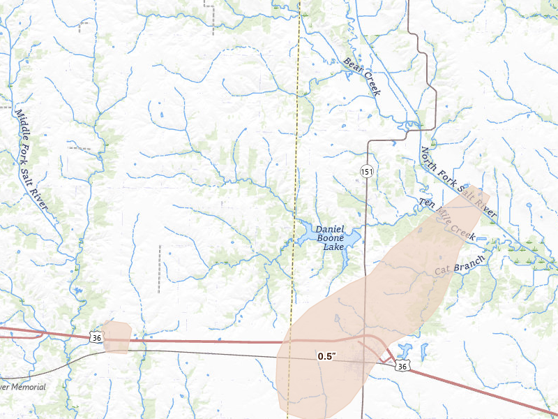Radar-estimated hail-size map of the storm over Anabel, MO on Jun 10, 2026