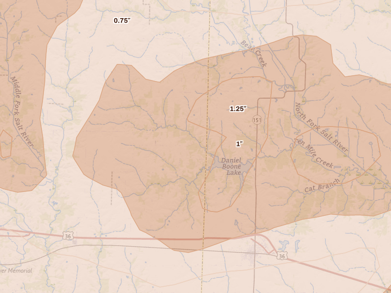 Radar-estimated hail-size map of the storm over Anabel, MO on Jun 11, 2026