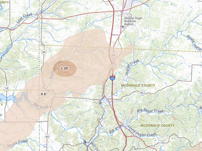 Radar-estimated hail-size map of the storm over Anderson, MO on Mar 6, 2026