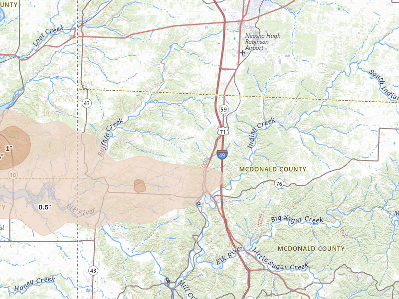 Radar-estimated hail-size map of the storm over Anderson, MO on Apr 25, 2026