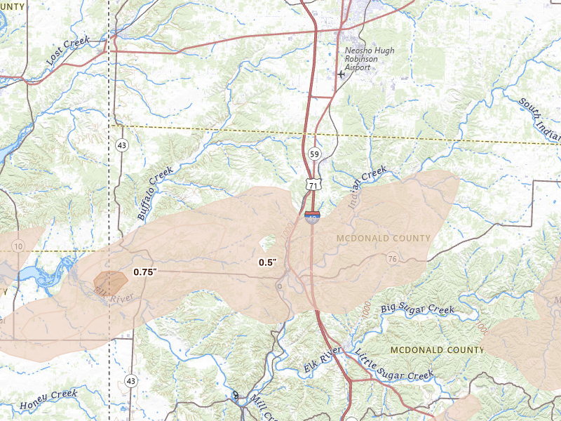 Radar-estimated hail-size map of the storm over Anderson, MO on Apr 28, 2026