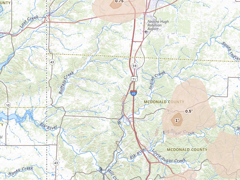 Radar-estimated hail-size map of the storm over Anderson, MO on Jul 4, 2026