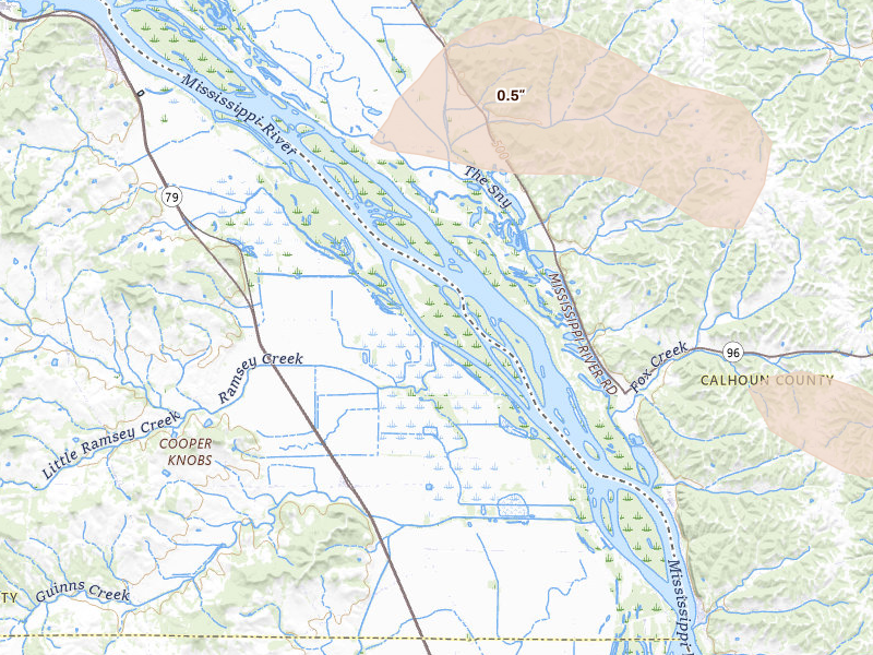 Radar-estimated hail-size map of the storm over Annada, MO on May 16, 2026