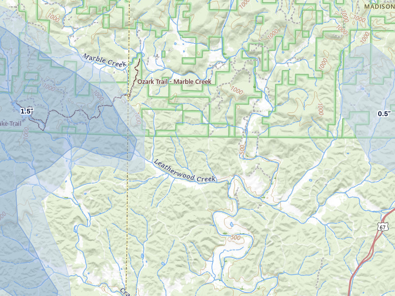 NEXRAD radar-signature map of the hail storm over Annapolis, MO on Aug 12, 2026