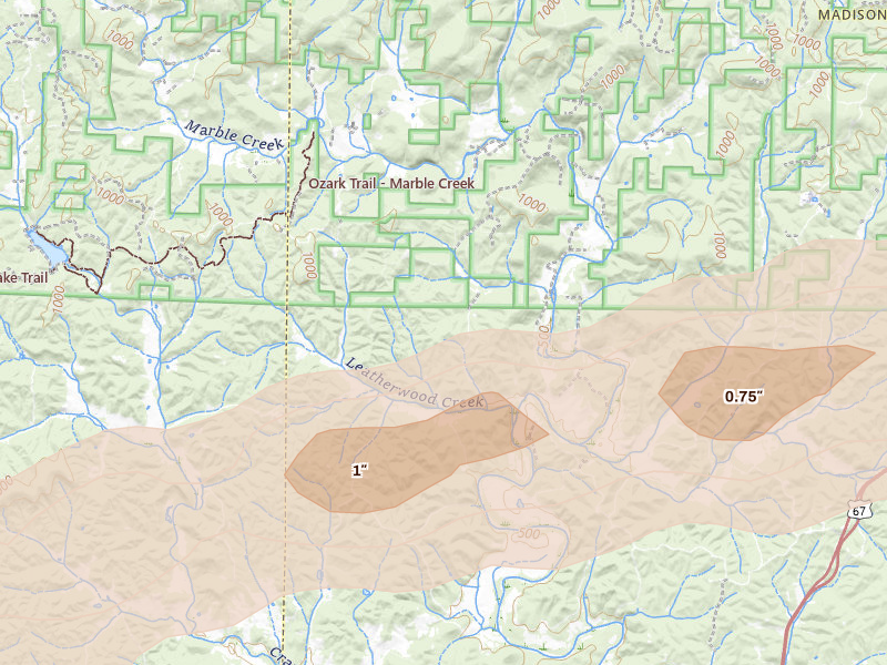 Radar-estimated hail-size map of the storm over Annapolis, MO on Aug 19, 2026