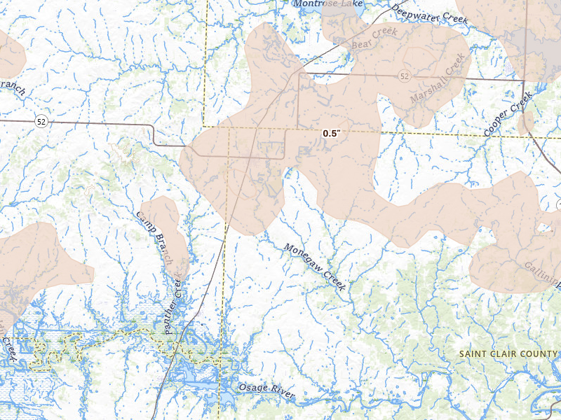 Radar-estimated hail-size map of the storm over Appleton City, MO on Apr 26, 2026
