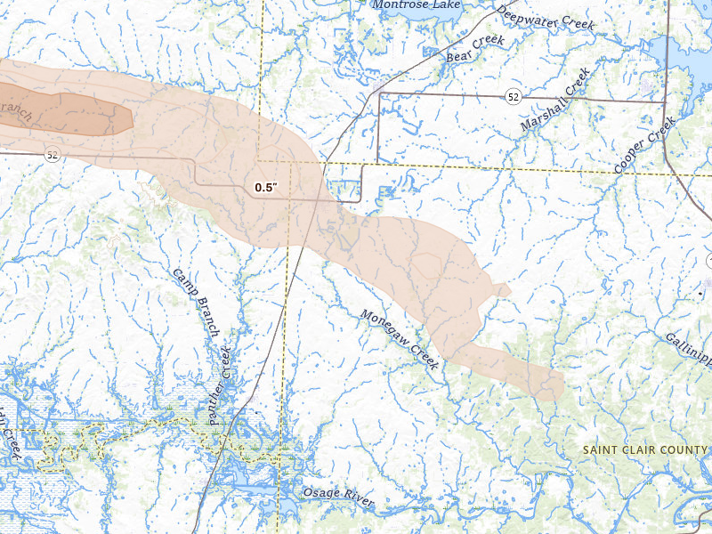 Radar-estimated hail-size map of the storm over Appleton City, MO on May 8, 2026