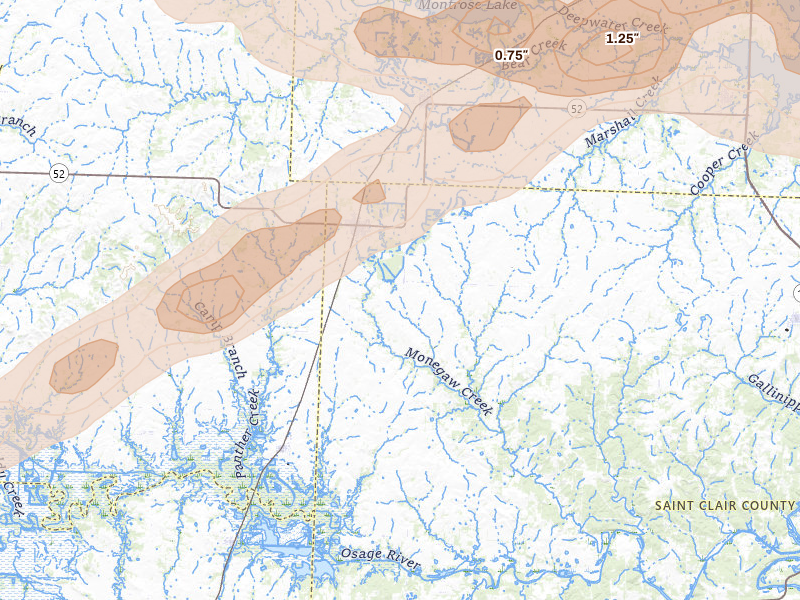 Radar-estimated hail-size map of the storm over Appleton City, MO on Jun 11, 2026