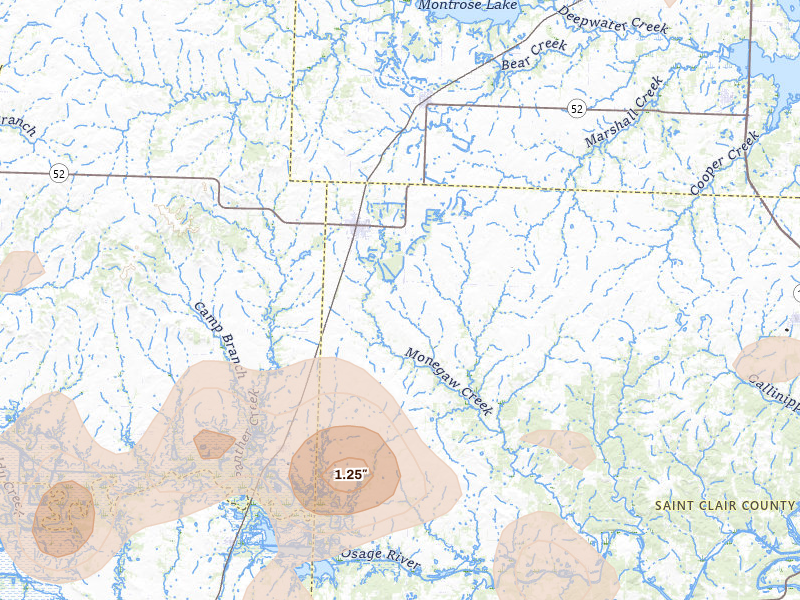 Radar-estimated hail-size map of the storm over Appleton City, MO on Jul 4, 2026