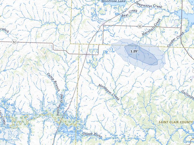 NEXRAD radar-signature map of the hail storm over Appleton City, MO on Jul 9, 2026
