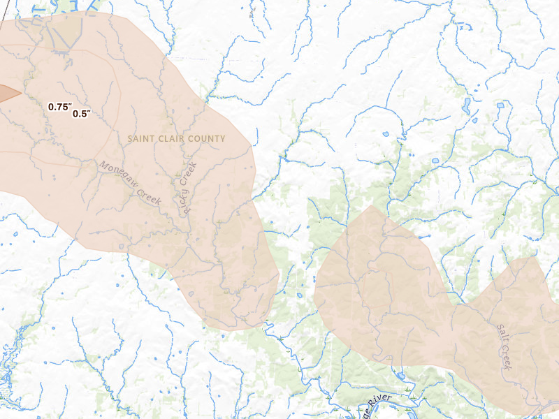 Radar-estimated hail-size map of the storm over Appleton City, MO on Aug 5, 2026