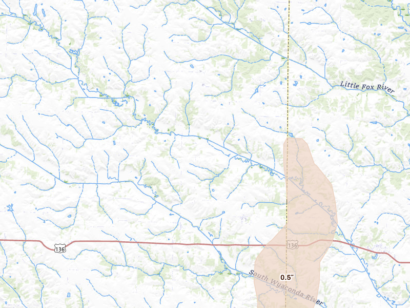 Radar-estimated hail-size map of the storm over Arbela, MO on May 16, 2026