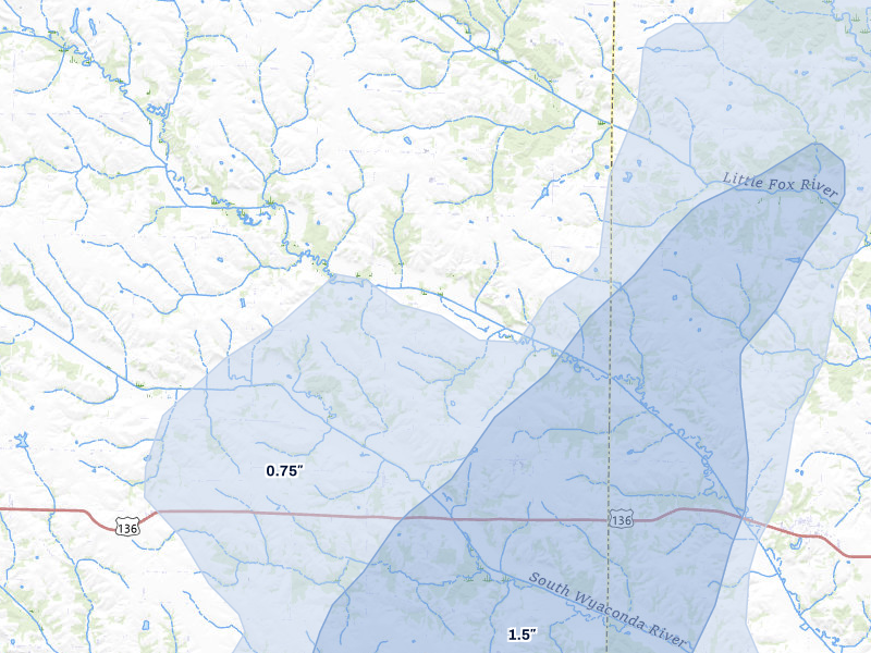 NEXRAD radar-signature map of the hail storm over Arbela, MO on May 16, 2026