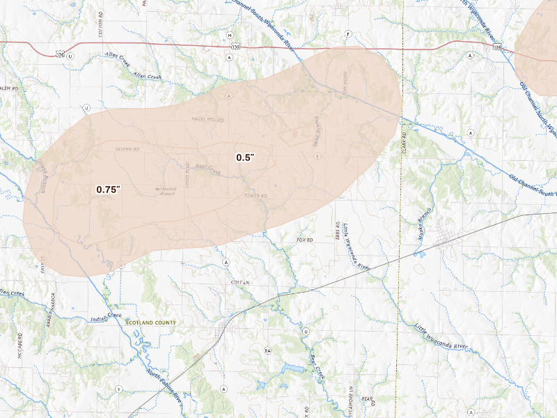 Radar-estimated hail-size map of the storm over Arbela, MO