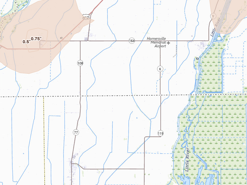 Radar-estimated hail-size map of the storm over Arbyrd, MO on Apr 27, 2026