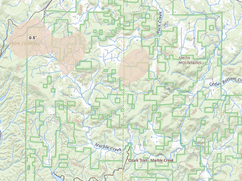 Radar-estimated hail-size map of the storm over Arcadia, MO on Jun 1, 2026