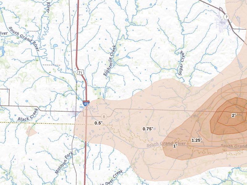 Radar-estimated hail-size map of the storm over Archie, MO on Apr 26, 2026