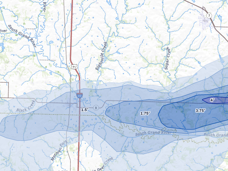 NEXRAD radar-signature map of the hail over Archie, MO
