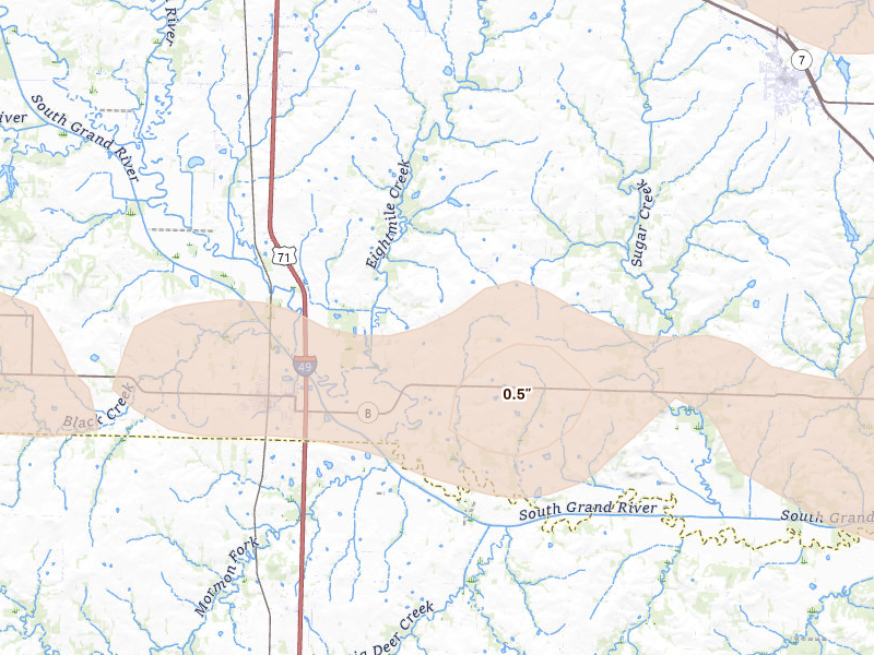 Radar-estimated hail-size map of the storm over Archie, MO on Jun 17, 2026
