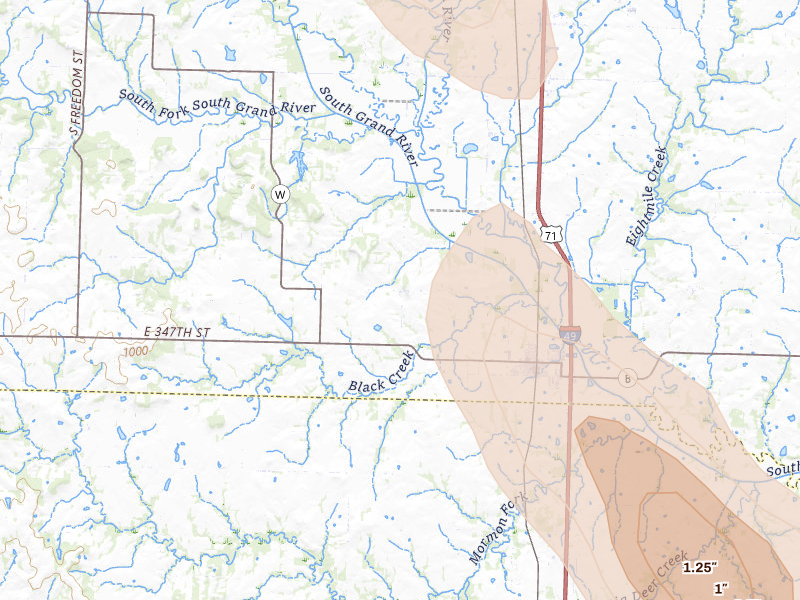 Radar-estimated hail-size map of the storm over Archie, MO on Aug 21, 2026