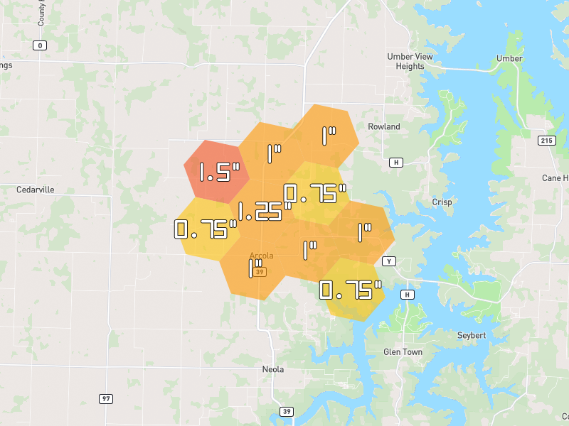 Hail map of Arcola, MO on Jul 11, 2026, hail up to 1.5"