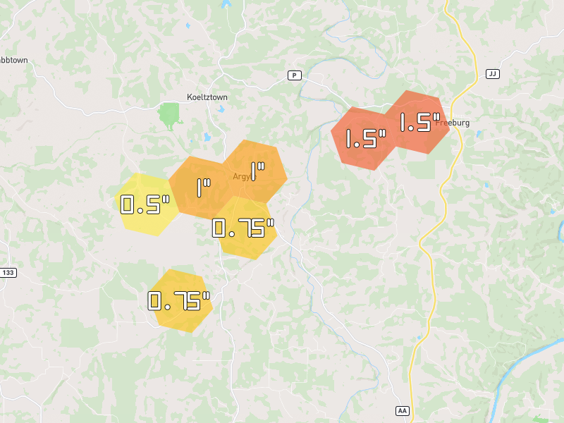 Hail map of Argyle, MO on Jun 1, 2026, hail up to 1.5"