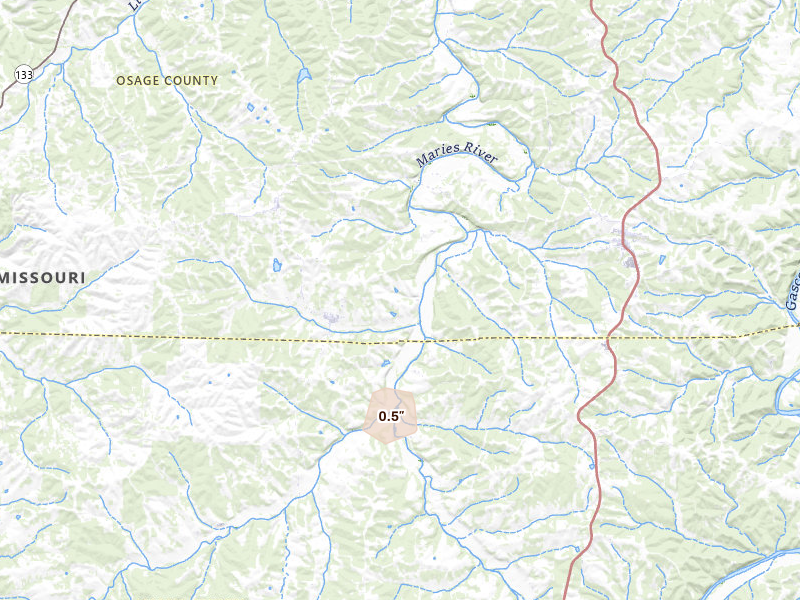 Radar-estimated hail-size map of the storm over Argyle, MO on Aug 6, 2026