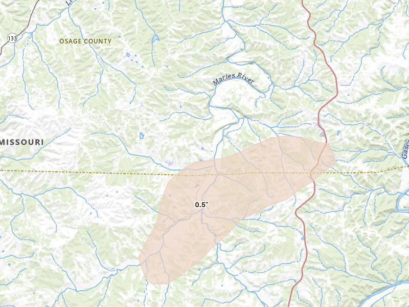 Radar-estimated hail-size map of the storm over Argyle, MO on Aug 16, 2026